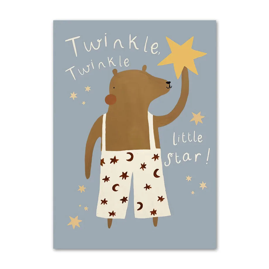 Poster with bear holding a star and text 'Twinkle Twinkle Little Star' on a blue background