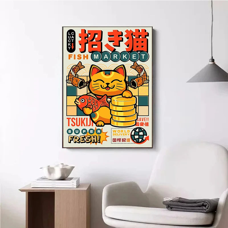 Framed artwork of a cat with fish and text on a wall in a room with a chair and side table.