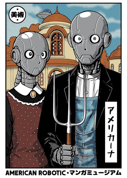 Two robots in front of a building with Japanese text and 'AMERICAN ROBOTIC' branding.