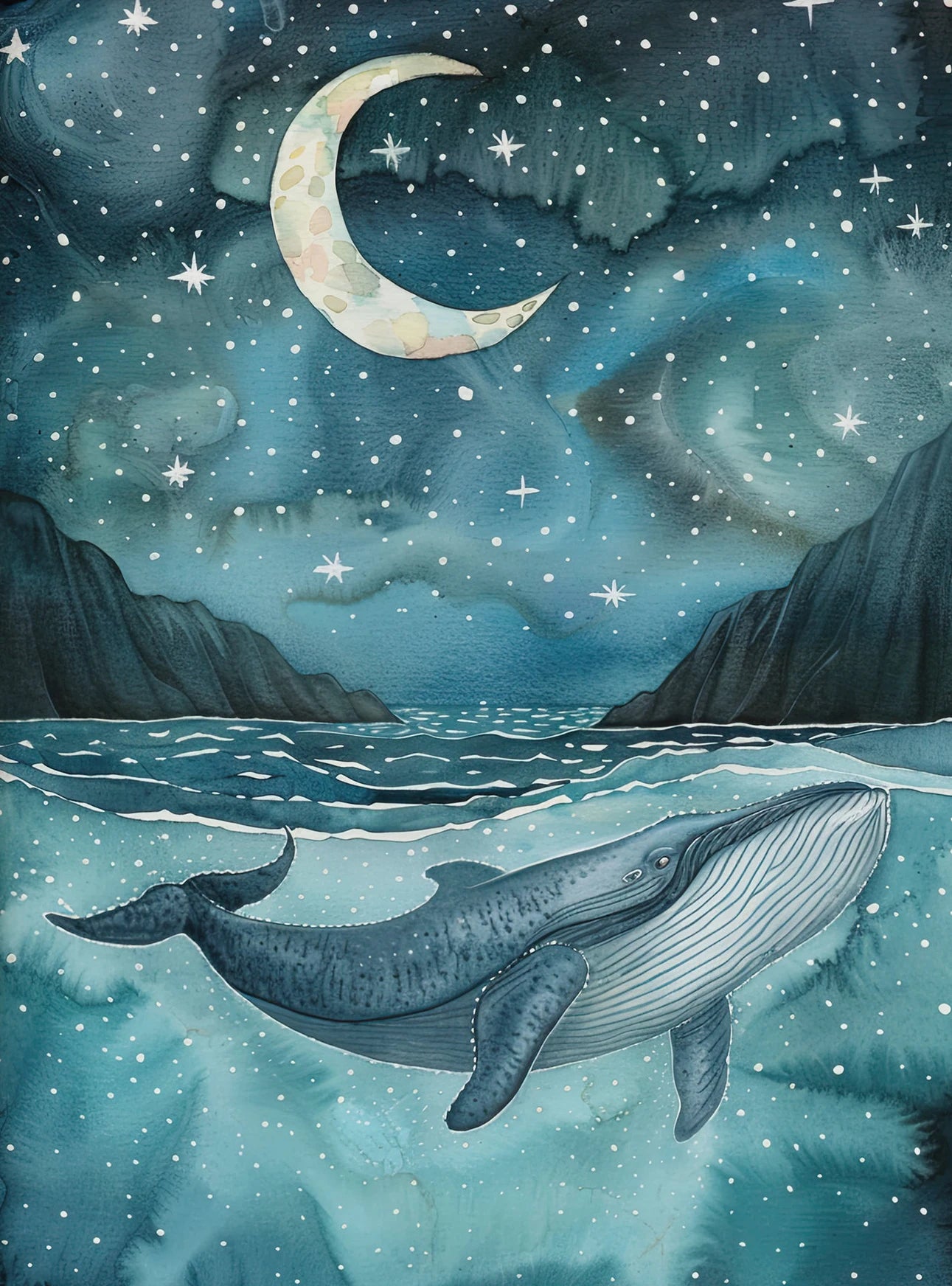 Whale swimming in water with a night sky, moon, and stars above