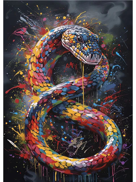 Colorful snake artwork with abstract splashes on a dark background