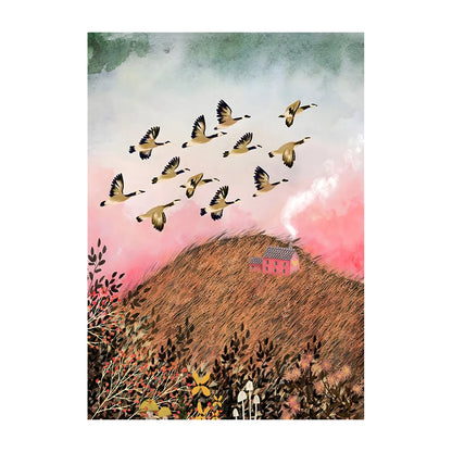 Illustration of geese flying over a landscape with a house on a hill.