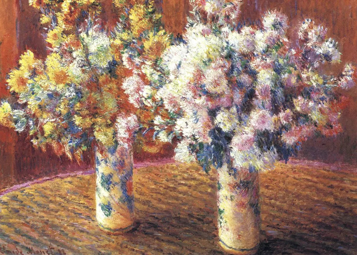 Two vases with flowers on a table, with a warm color palette