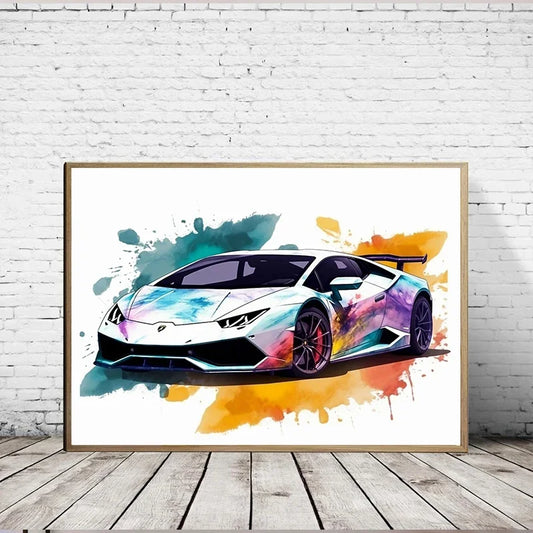 Framed artwork of a colorful sports car on a white brick wall. Canvas & Curio