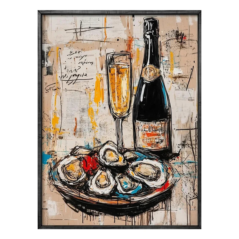 Framed artwork of a bottle of champagne, two glasses, and a plate of oysters on an abstract background.