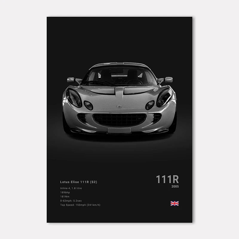 Lotus Elise 111R car on a black background with text and branding.