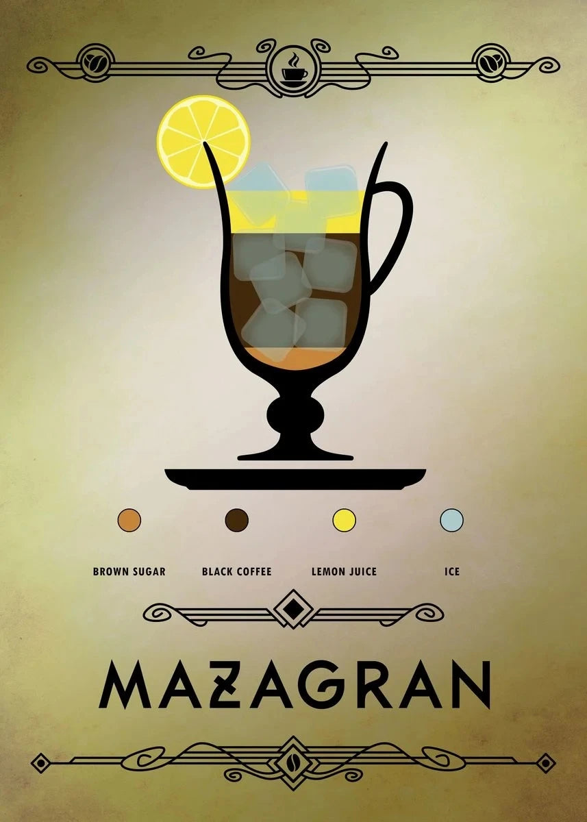 Illustration of a drink with ingredients and 'Mazagran' branding on a beige background