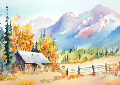 Watercolor painting of a mountain landscape with a cabin and trees.