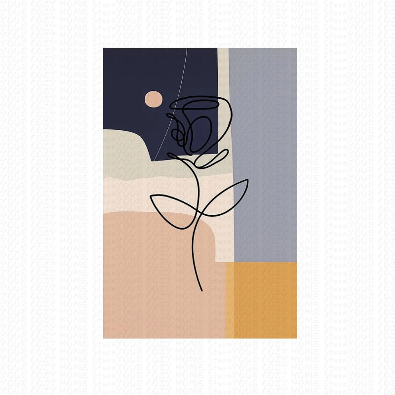 Abstract design with geometric shapes and a black line art of a flower on a white background