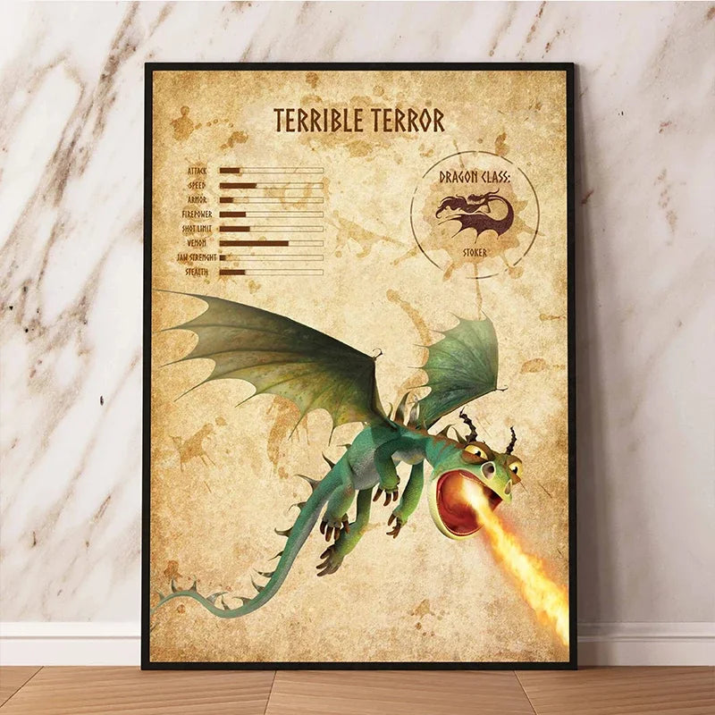 Dragon-themed poster titled 'Terrible Terror' on a textured wall.