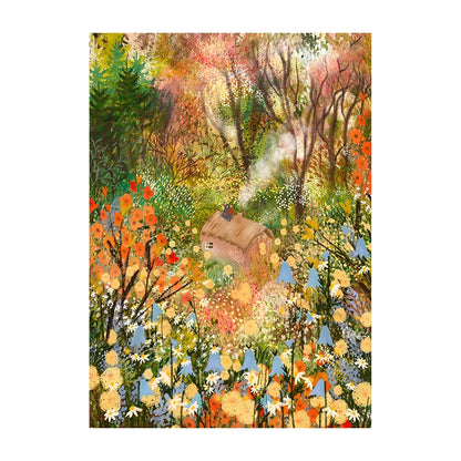 Colorful painting of a house in a forest with trees and flowers