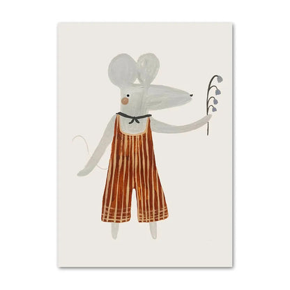 Illustration of a mouse wearing striped pants holding a flower on a white background