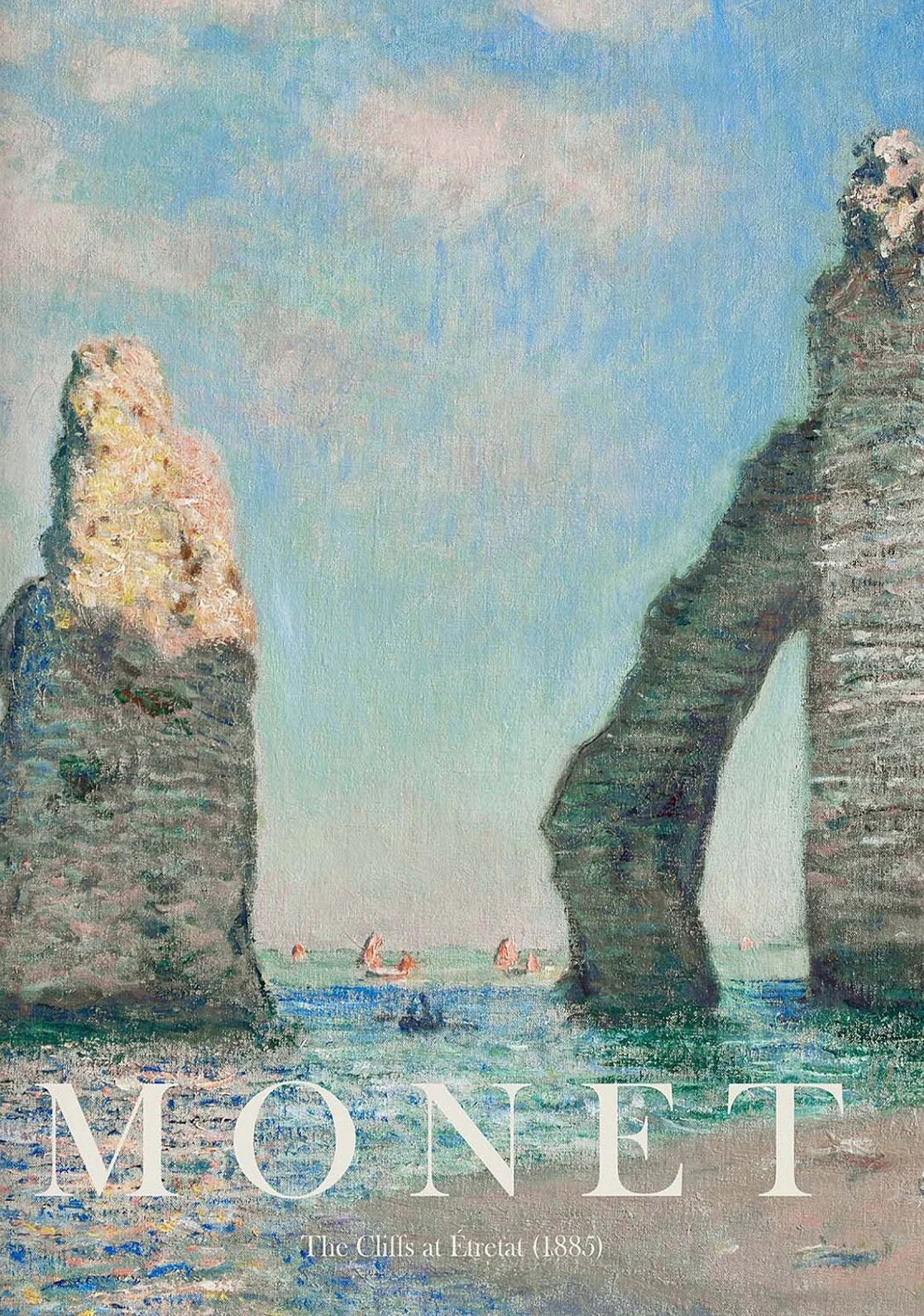 Painting of cliffs and ocean with 'Monet' and 'The Cliffs at Pourville' text