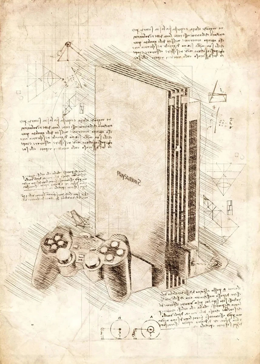 Technical drawing of a gaming controller with annotations on a textured paper background