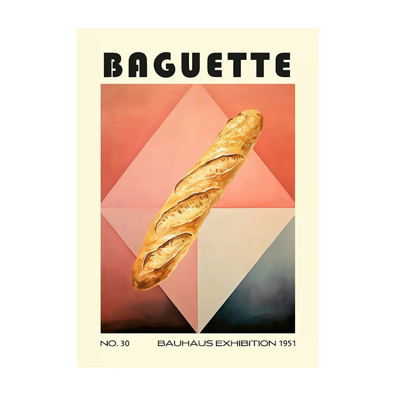 Poster of a baguette with geometric background and 'Bauhaus Exhibition 1931' text.