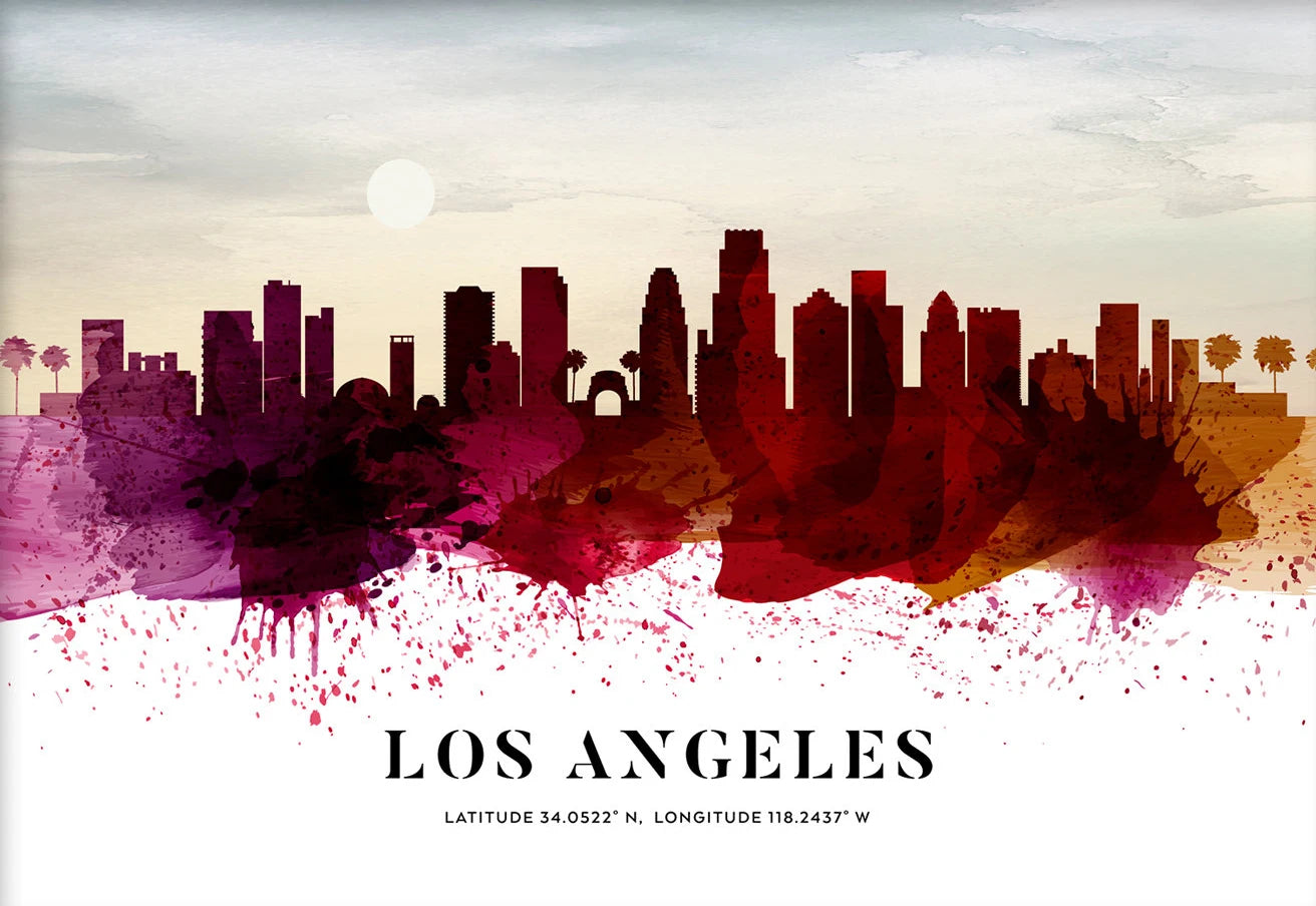 Artistic depiction of Los Angeles skyline with colorful watercolor effect