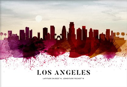 Artistic depiction of Los Angeles skyline with colorful watercolor effect