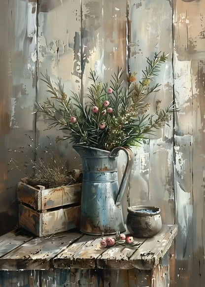Vintage-style pitcher with flowers on a rustic wooden surface against a textured wall.