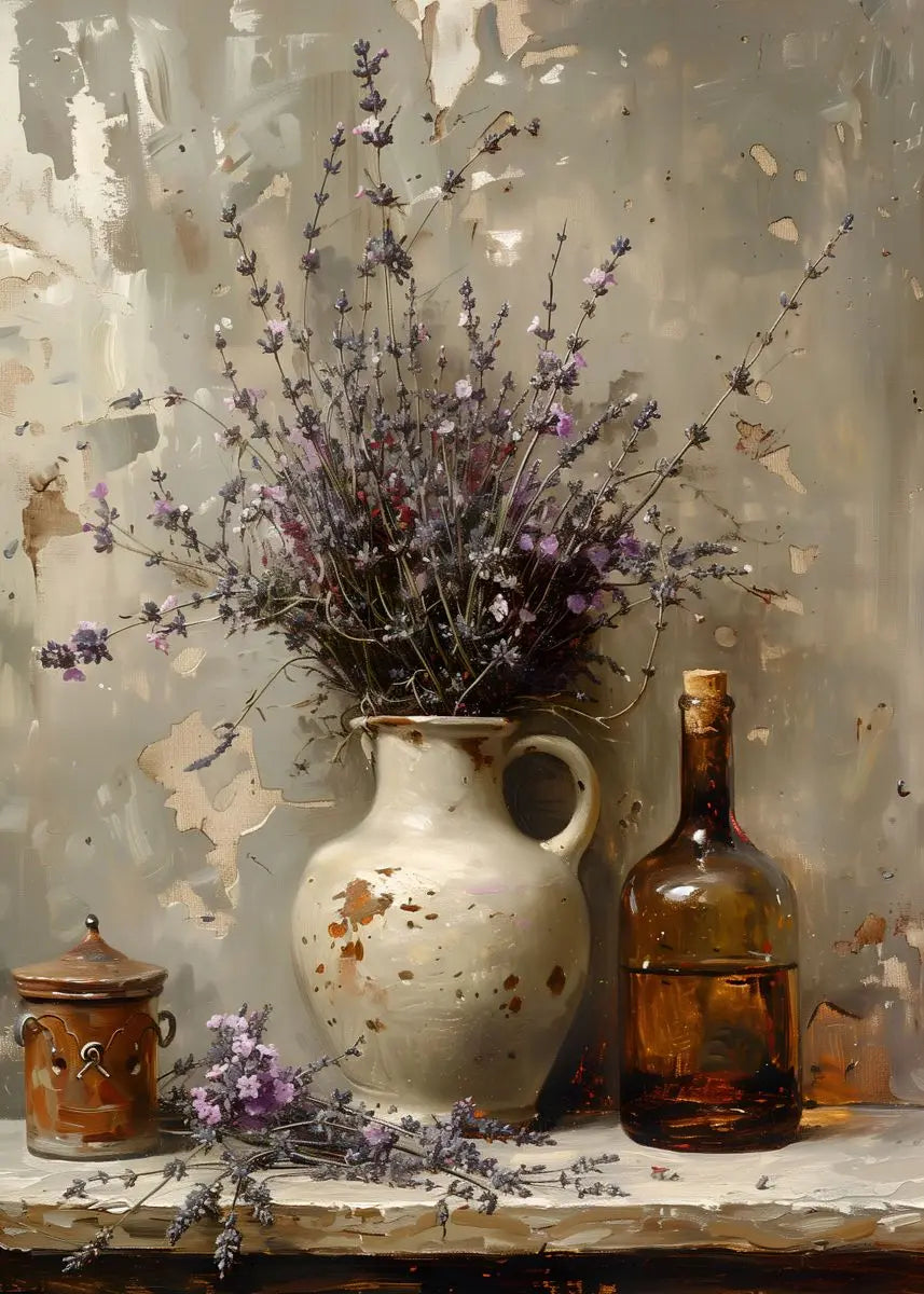 Still life with a vase, bottles, and dried flowers against a textured wall.