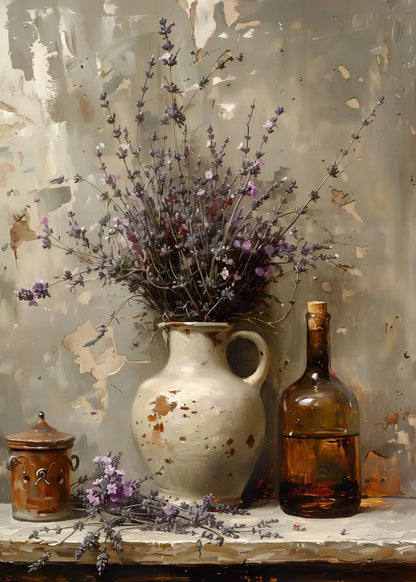 Still life with a vase, bottles, and dried flowers against a textured wall.