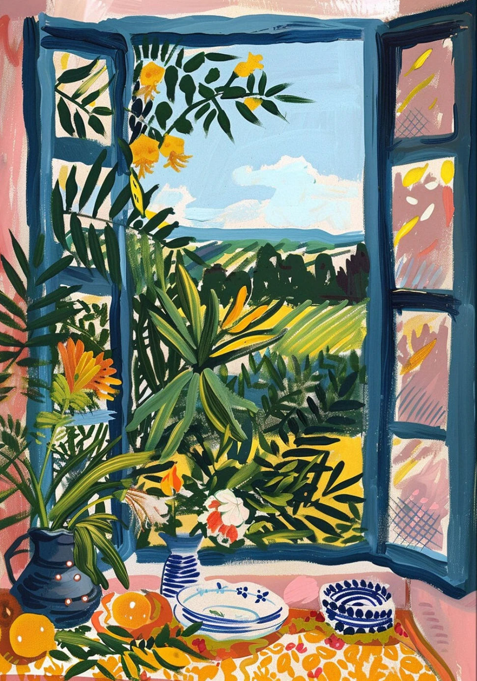 Open window with view of green landscape, flowers, and table setting.