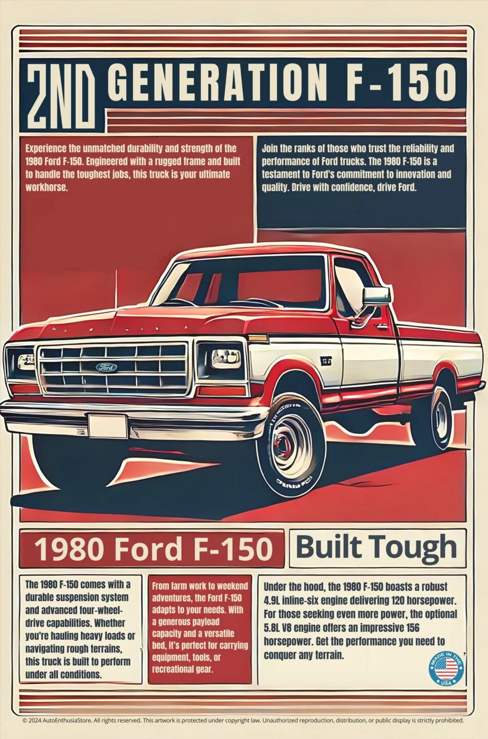 1980 Ford F-150 truck poster with text about the 2nd generation model