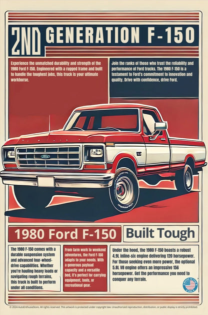 1980 Ford F-150 truck poster with text about the 2nd generation model