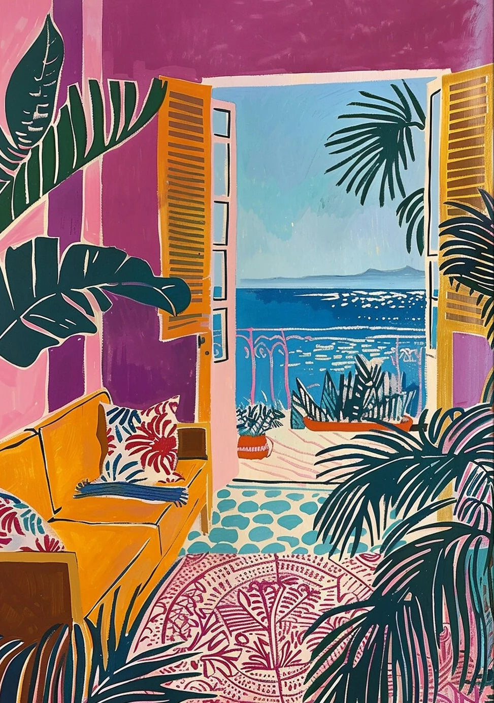Colorful interior scene with a view of the ocean through open shutters, surrounded by tropical plants.