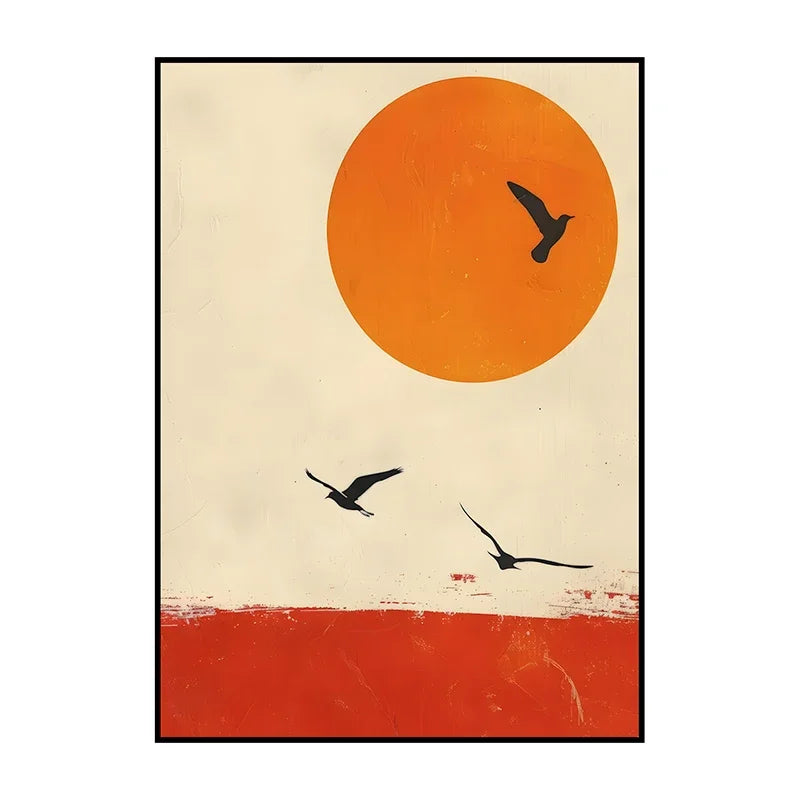 Artistic depiction of three birds flying against a large orange sun on a beige background.