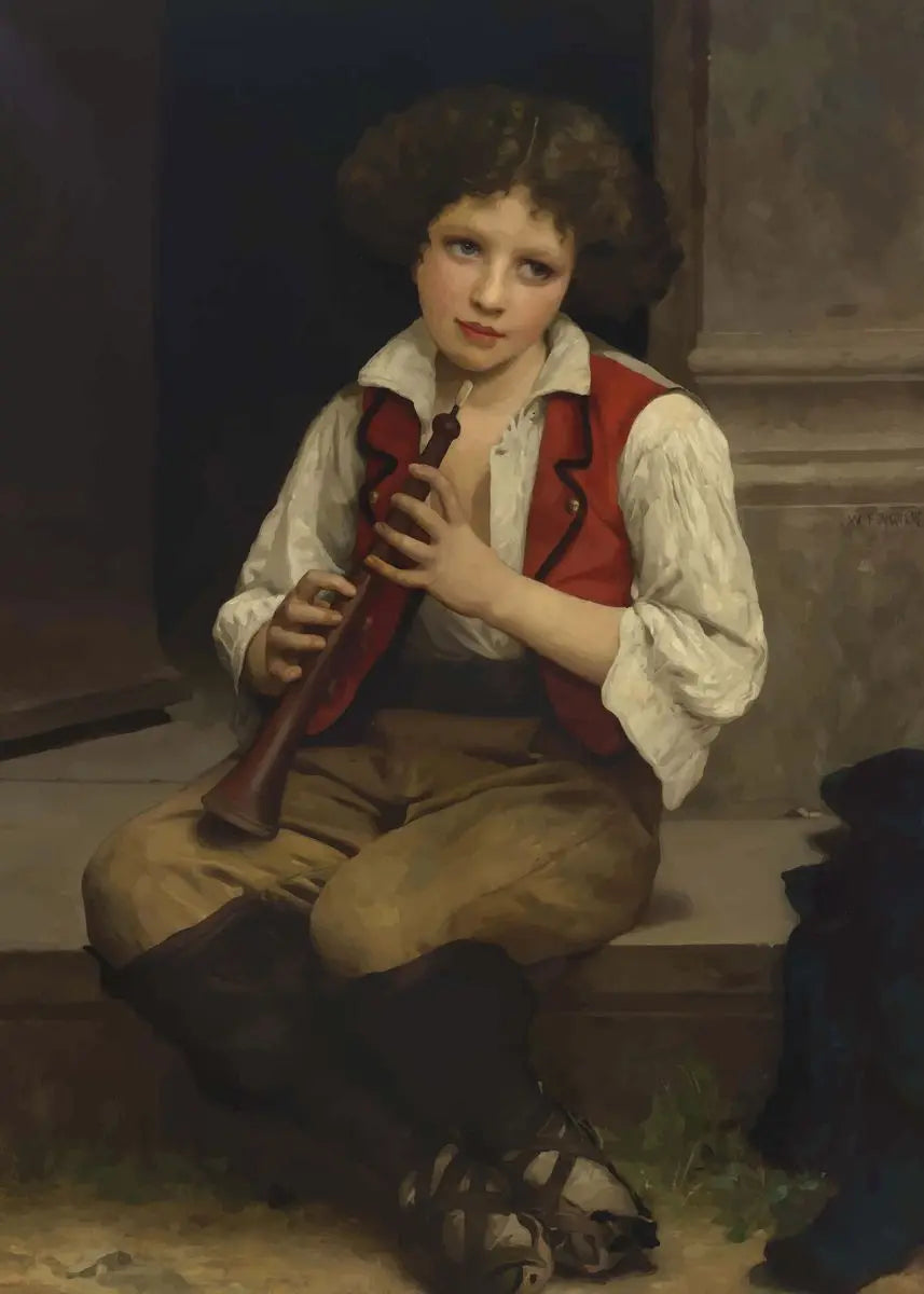 Painting of a young boy holding a flute, wearing a red vest and brown pants.