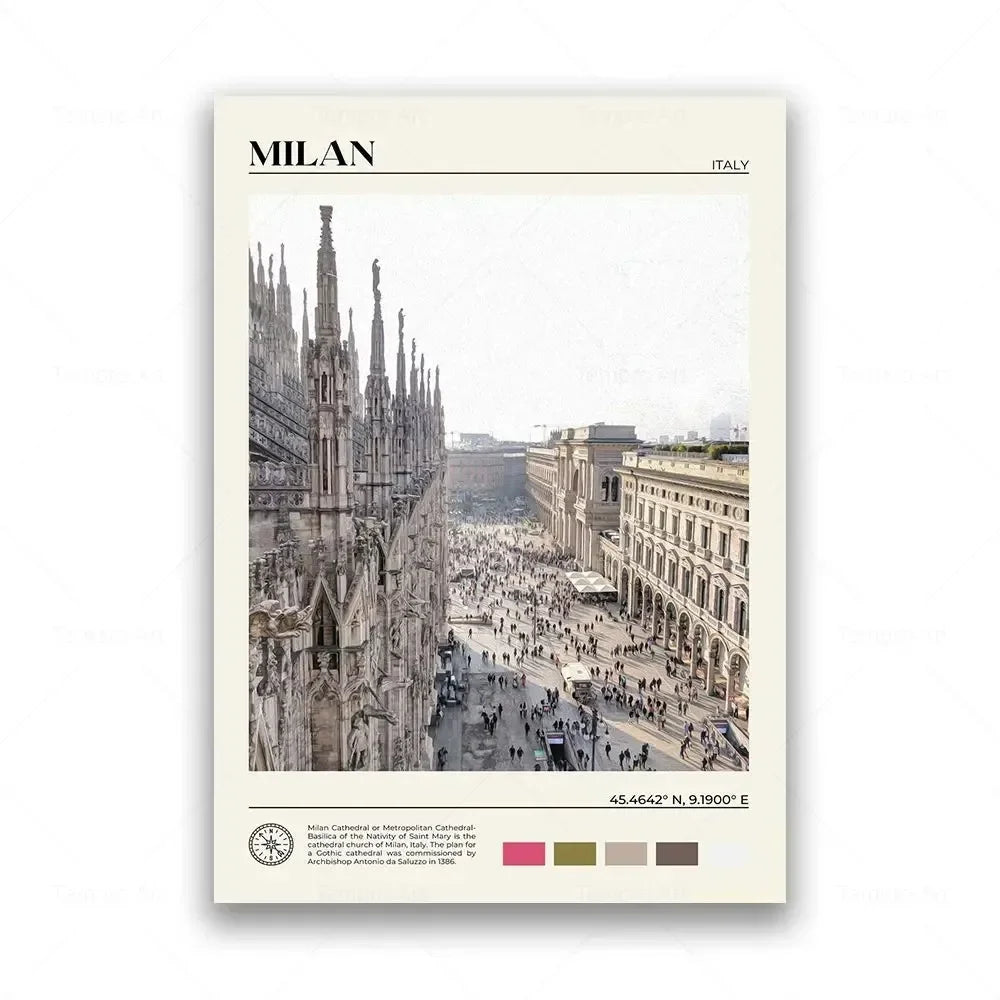 Poster of Milan with architectural landmarks and text on a white background