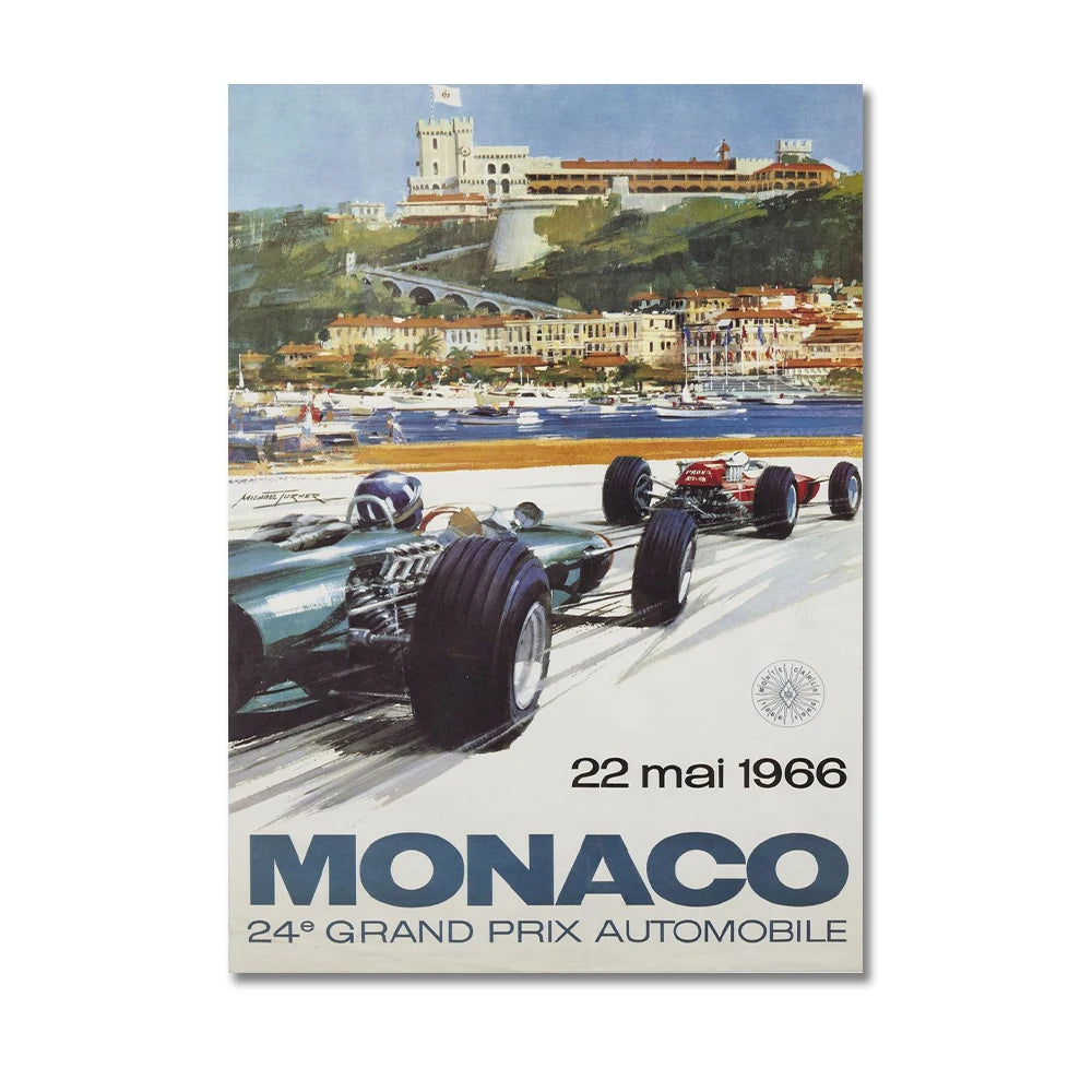 Vintage-style poster of a Monaco Grand Prix event with racing cars and a scenic background.