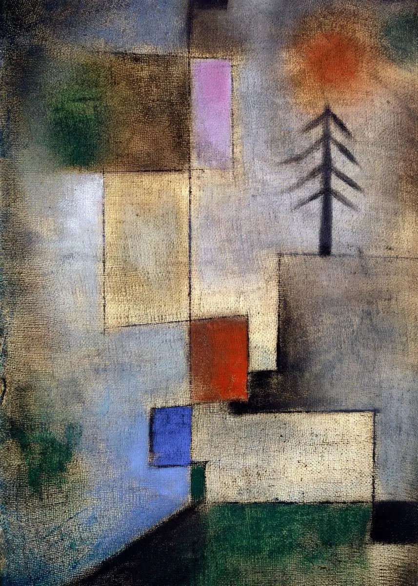 Abstract art with geometric shapes and a tree silhouette