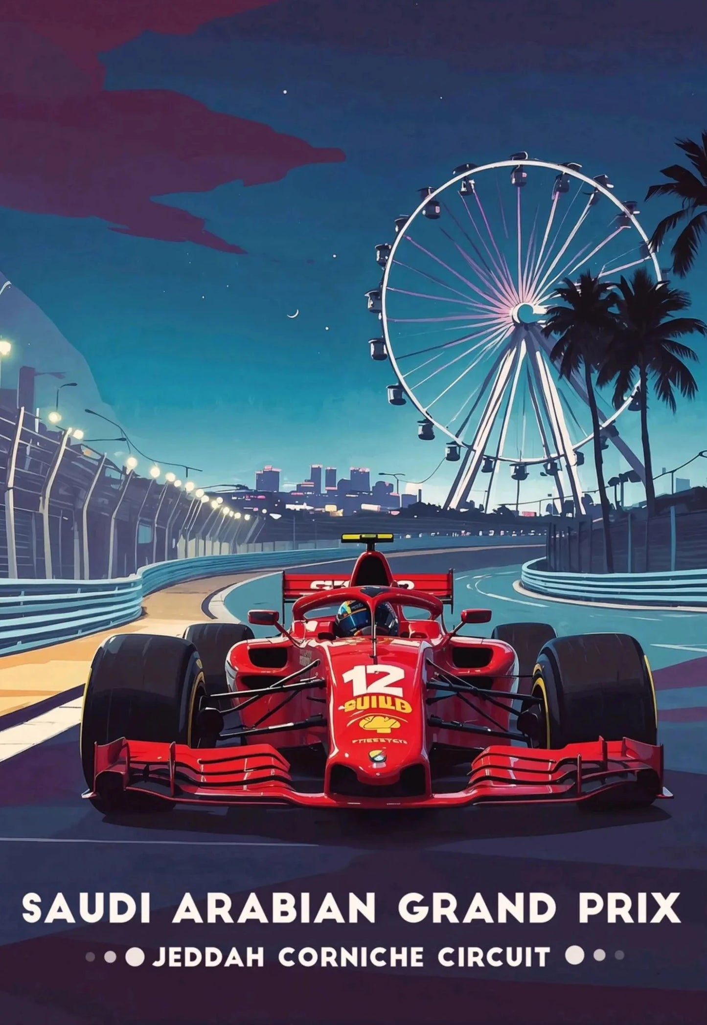 Red Formula 1 car on a race track with a Ferris wheel and cityscape in the background, labeled 'Saudi Arabian Grand Prix'.