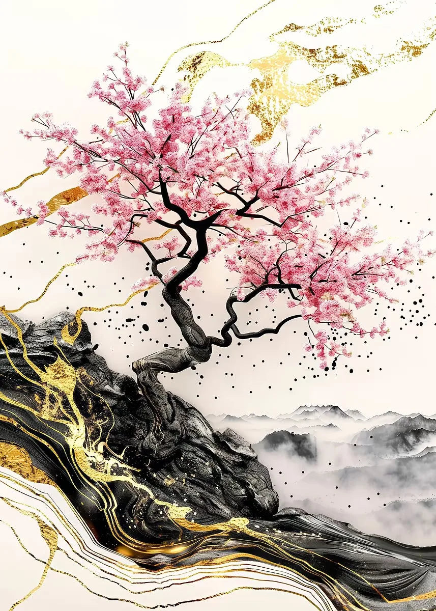 Artistic depiction of a cherry blossom tree with pink flowers on a white background with gold and black accents.