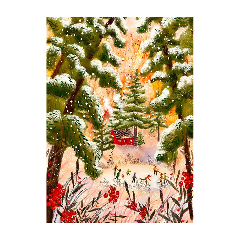 Winter scene with a red cabin, people, and snow-covered trees.