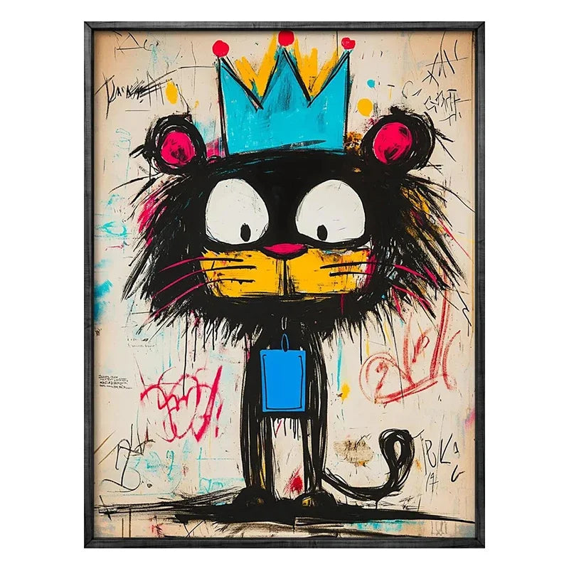 Colorful artwork of a cartoon cat with a crown on a textured background