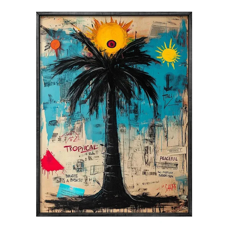 Artistic depiction of a palm tree with abstract elements and text on a textured background