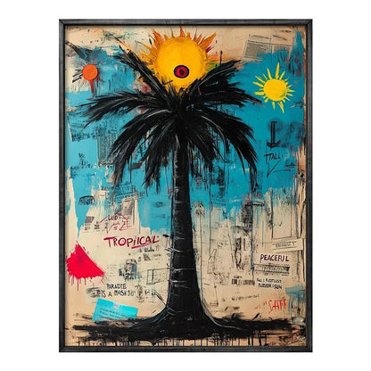 Artistic depiction of a palm tree with abstract elements and text on a textured background