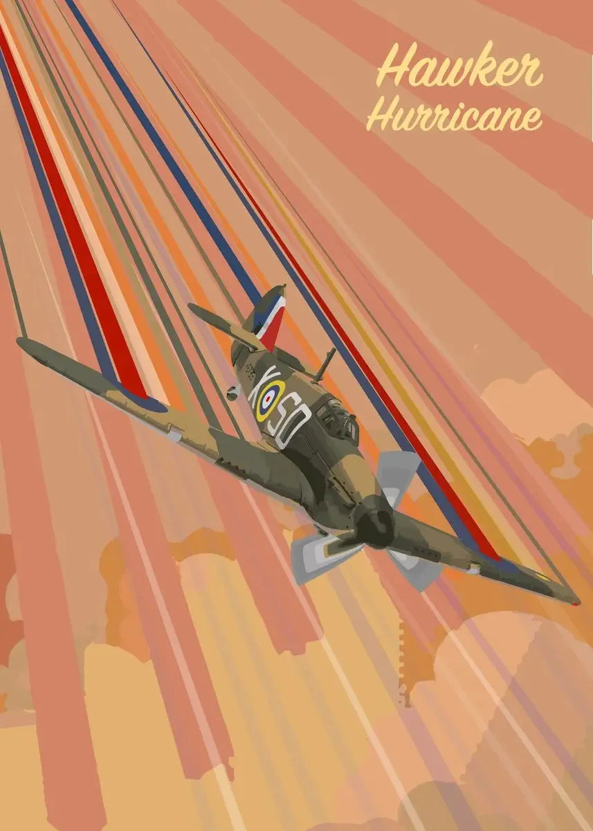 Illustration of a Hawker Hurricane airplane with a colorful background