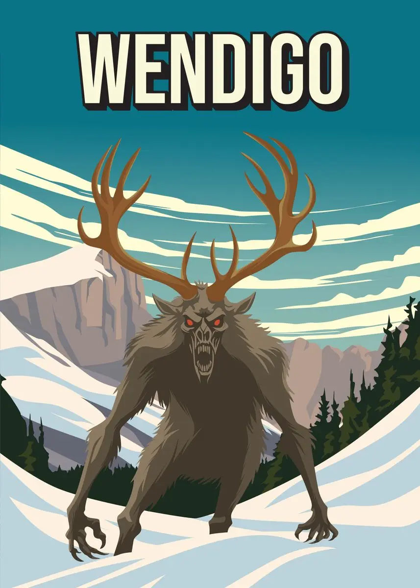 Illustration of a wendigo creature with mountains in the background