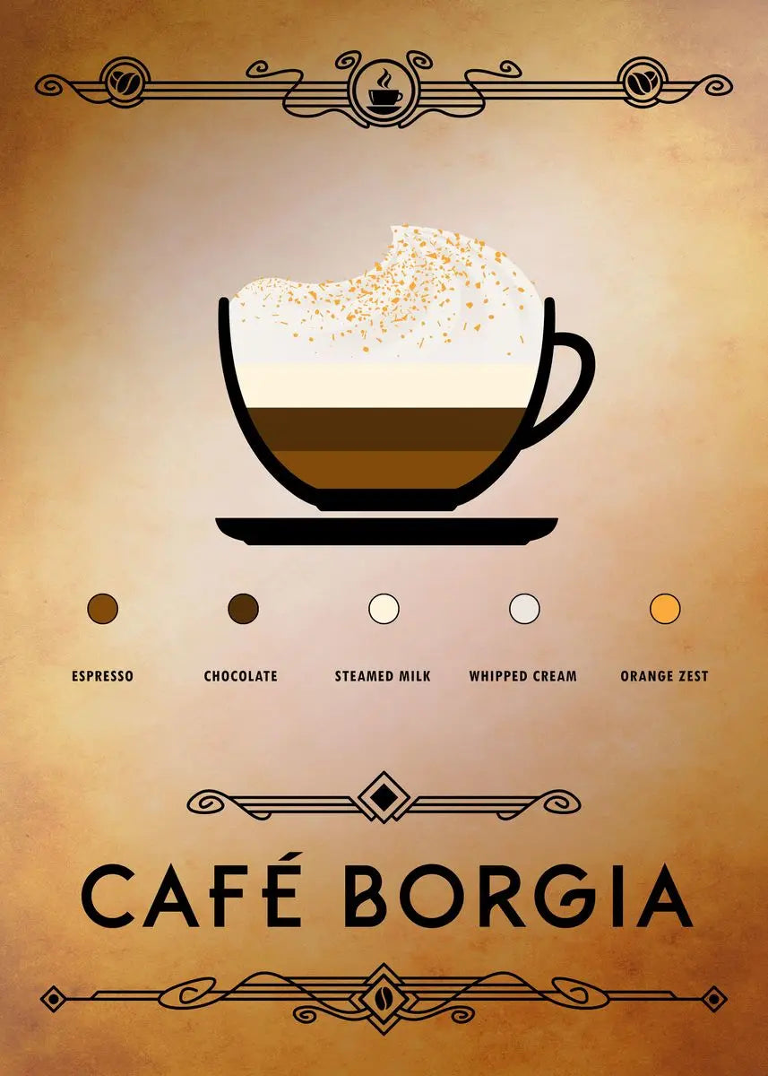 Illustration of a coffee cup with layers and text for Café Borgia on a beige background