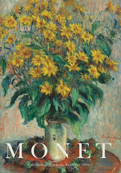 Painting of Jerusalem Artichoke Flowers by Monet with 'Monet' text overlay.
