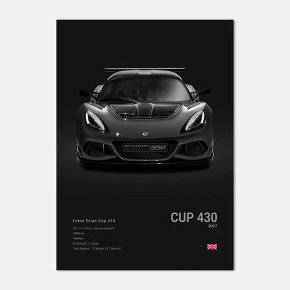 Lotus Exige Cup 430 car poster with specifications on a black background
