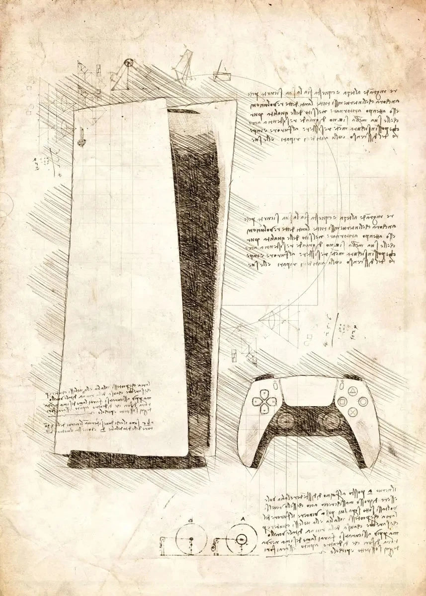Hand-drawn design of a gaming controller on a textured paper background with text and diagrams.