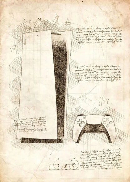 Hand-drawn design of a gaming controller on a textured paper background with text and diagrams.