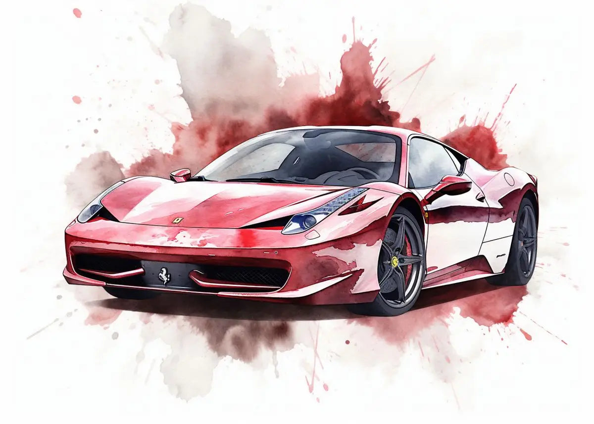 Red sports car on a white background with red and black splashes