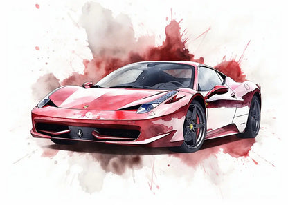 Red sports car on a white background with red and black splashes