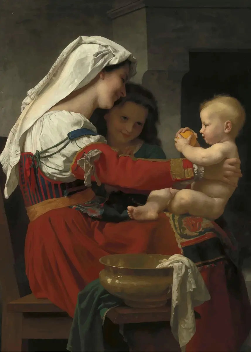 Painting of a woman with two children in a rustic setting