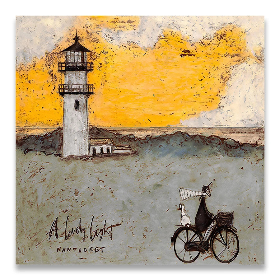 Artistic depiction of a lighthouse with a person on a bicycle and a dog in a basket against a yellow sky.